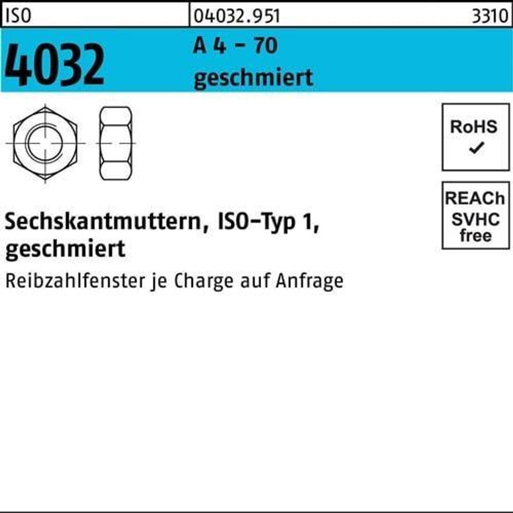 Sechskantmutter ISO 4032 M 10 A 4 - 70 geschmiert