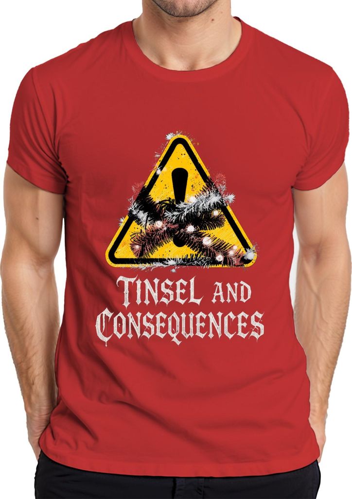 Tinsel and Consequences Weihnachten Lametta Warnschild lustig Herren T-Shirt, Rot, S