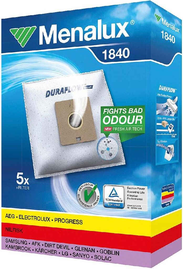 Packaging for Menalux vacuum cleaner bags, model 1840, showing the product and listing compatible brands.