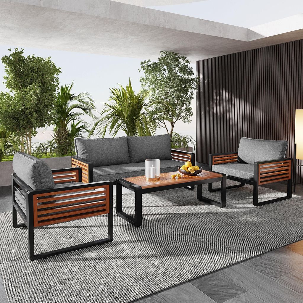 Garten-Lounge-Stuhlgarnitur mit verzinktem Eisenrahmen, Outdoor-Möbel mit Kissen, Terrassenmöbel-Sofagarnitur mit Armlehnen aus Holz