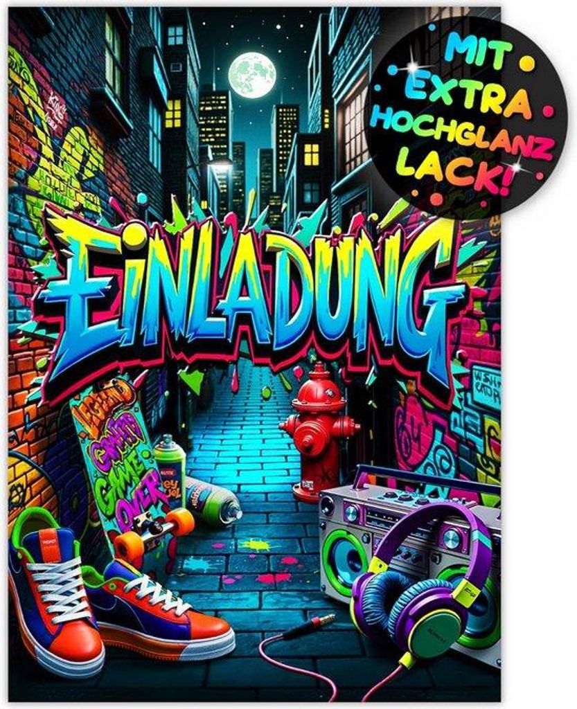 Famanu Einladungskarten Graffiti Street Party - Neon Thema (12 Stück)