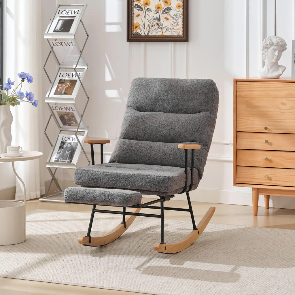 Rocking-Chair Moderne en Maille Bouclette Grise pour Salon Cosy