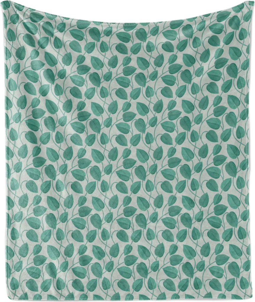 Coperta in morbido pile di flanella botanico ABAKUHAUS, motivo continuo con volute verdi floreali, 175 x 230 cm, verde chiaro Seafoam