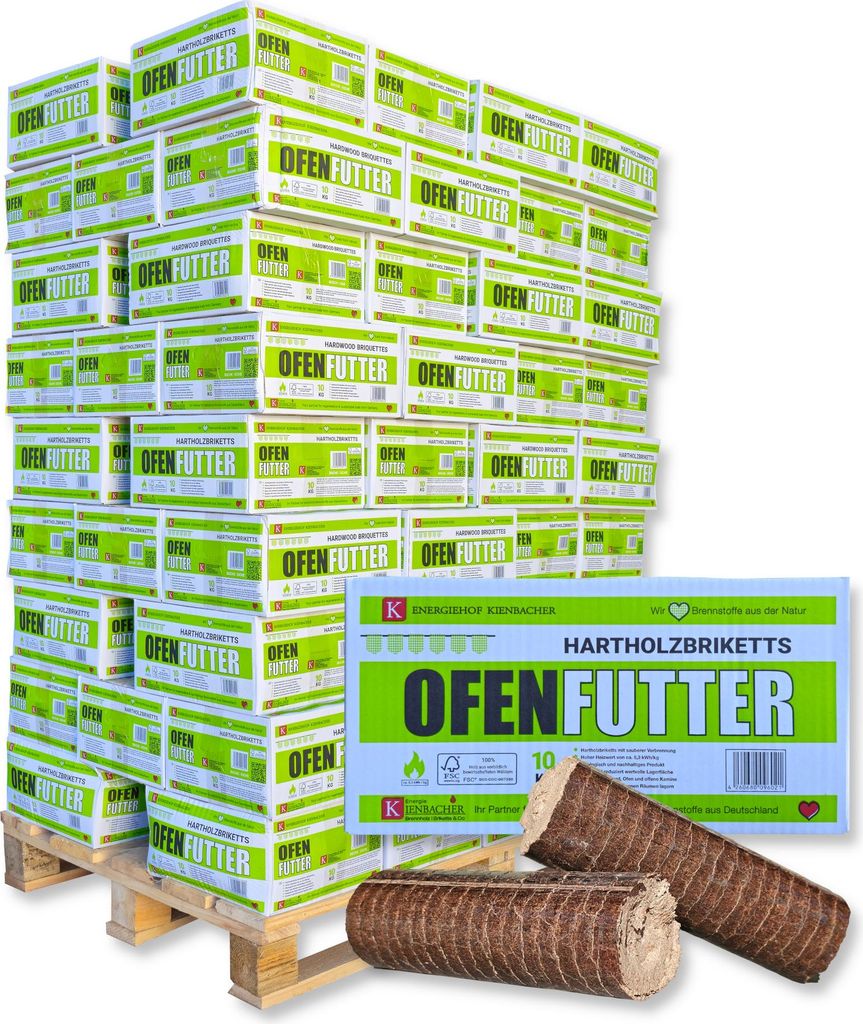 960 kg Nestro Briketts Hartholzbriketts aus Buche & Eiche im Karton | 96 x 10 kg Holzbrikett auf Palette | Energie Kienbacher