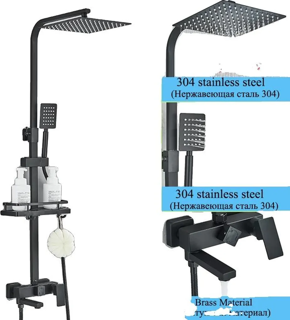 Sistema Doccia Contemporaneo Nero Opaco 10'' | Miscelatore 3 Vie Regolabile
