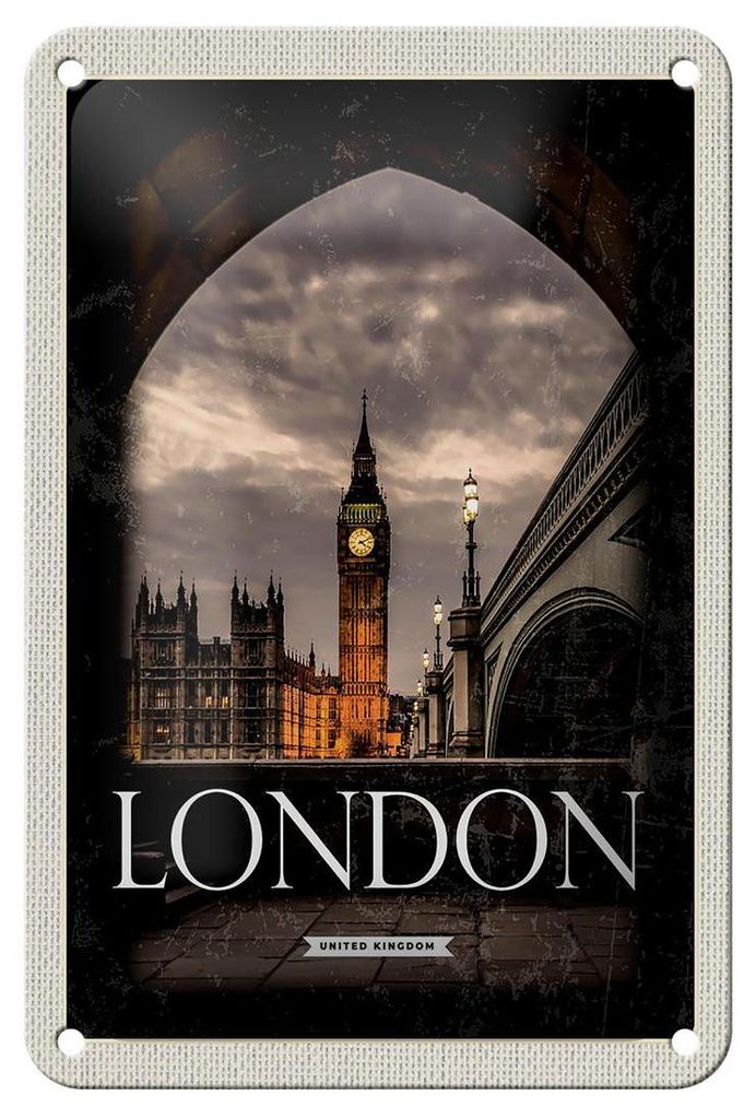 Blechschild Reise 12x18cm London UK Big Ben Nacht Retro Dekoration