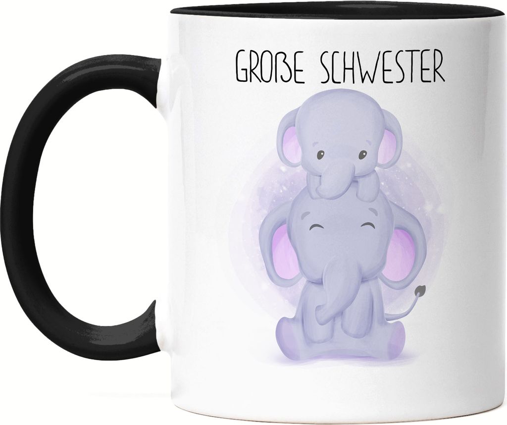 Große Schwester Tasse Schwarz Geschwisterliebe Sister Elefant Geborgenheit Beschützer Welt Liebe Familie Schwestern