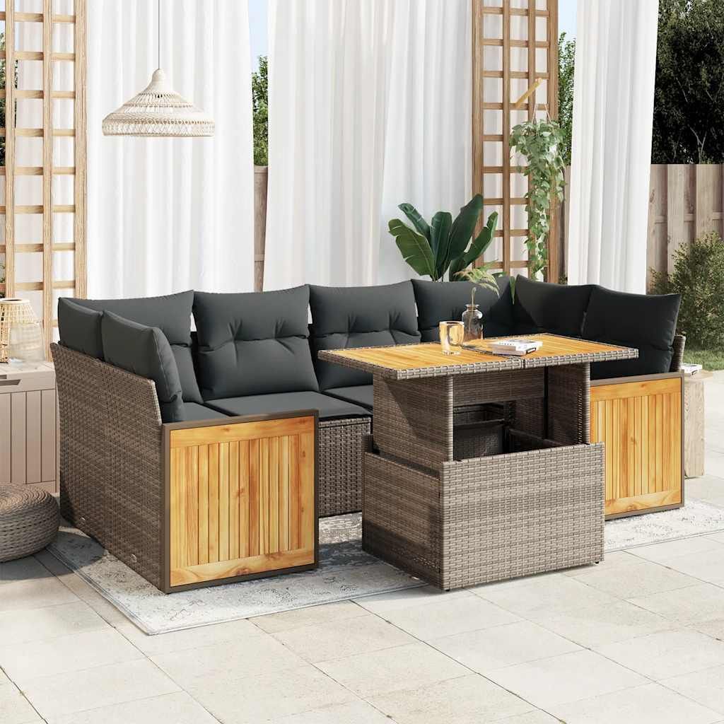"2026 Promotion" 7-tlg. Garten-Sofagarnitur/Terrassenmöbel - mit Kissen - Grau Poly Rattan Akazie - Gartenmöbelset CC18373