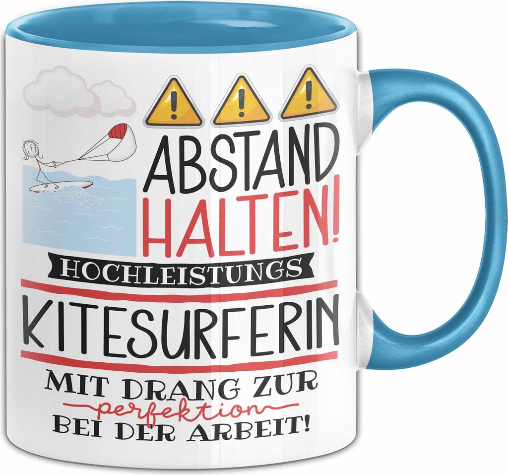 Kitesurferin Tasse Geschenk Lustig Abstand Halten Hochleistungs-Kitesurferin Mit Drang Zur Perfektion Bei Der Arbeit (Blau)