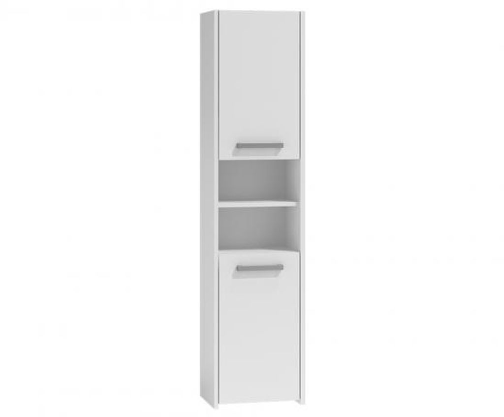 A tall, narrow white cabinet with two doors and open shelving.