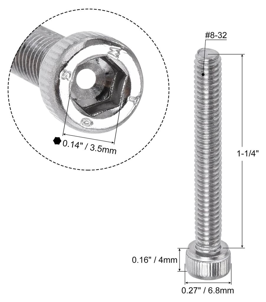 25 Stš¹ck Zylinderschrauben Innensechskant Schrauben Bolzen 304 Edelstahl Poliert #8-32x1-1/4"