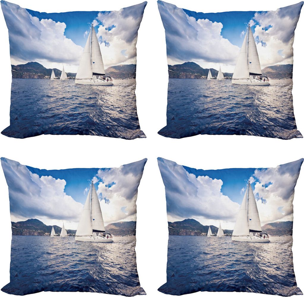 ABAKUHAUS Nautisch Kissenbezug Set (4 Stück), Segelboot auf Meer, Moderner Doppelseitiger Digitaldruck, 45 cm x 45 cm, Blau und weiß