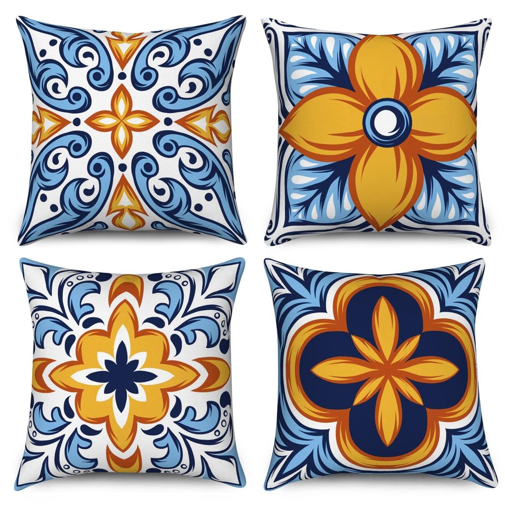 Set mit 4 Boho-Kissenbezügen 40x40 cm, blau und orange, geometrisches Mandala-Blumenmuster, Landhaus-Leinenkissenbezug für Sofa, Bett, Garten, Au...