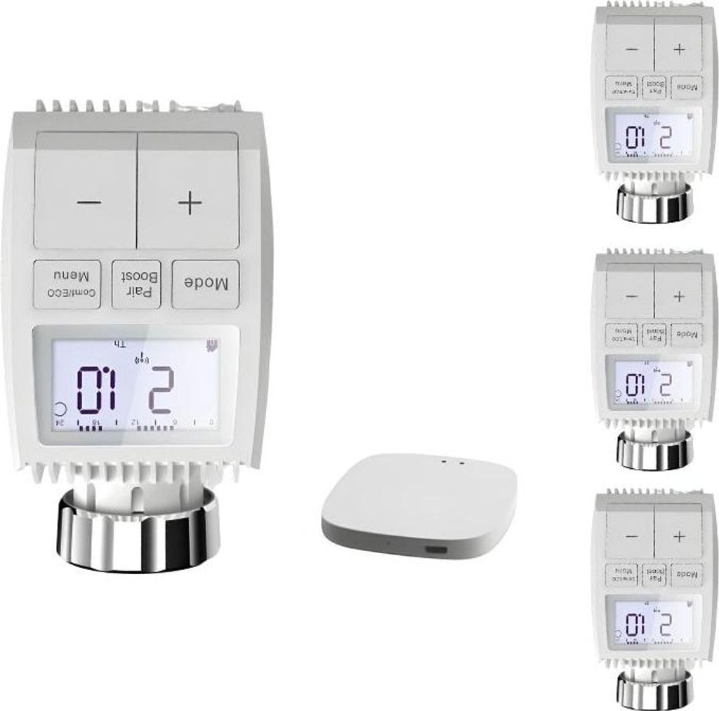 Universell einsetzbarer Thermostatkopf mit LCD-Display und Produktbild 