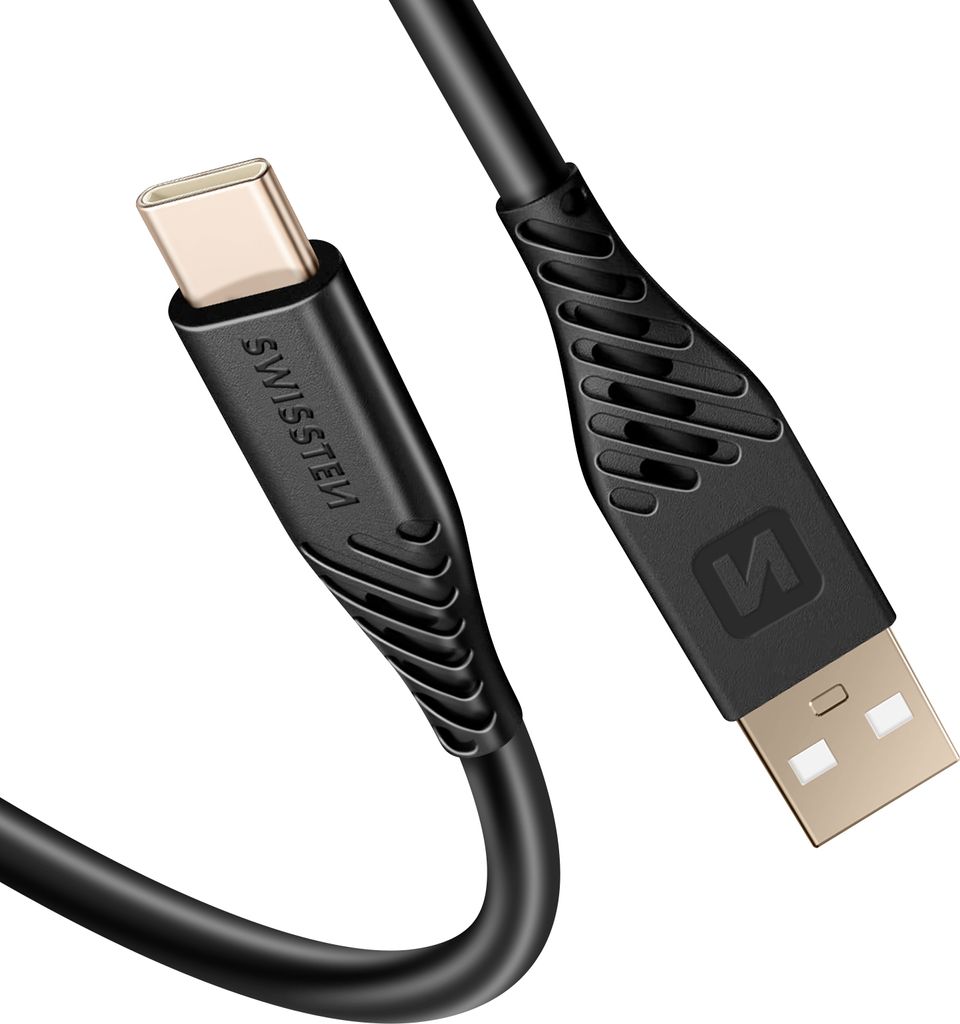 Swissten, USB-auf-USB-C-Kabel 60W Silikon Verhedderungsschutz, Schwarz