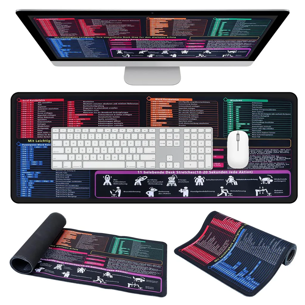 Tapis de Souris Excel XXL 80x30cm avec Raccourcis Clavier Allemand Noir