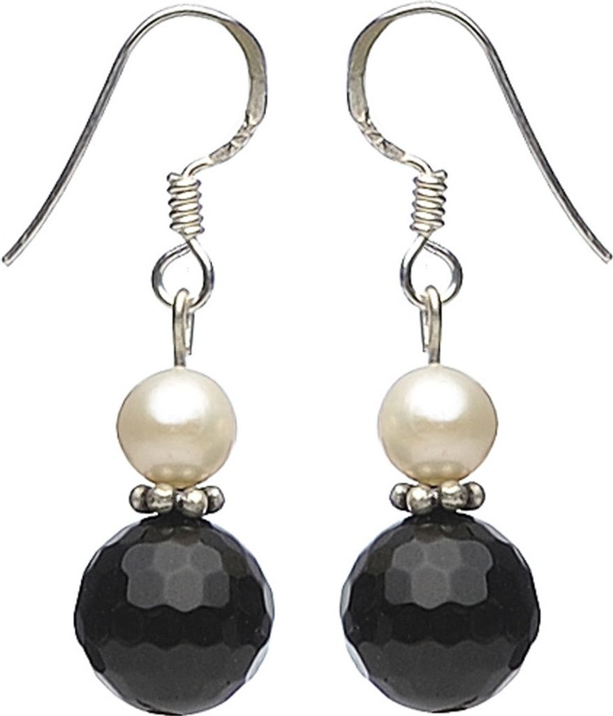 Ohrringe Ohrhaken Orhänger aus Onyx facettiert & Perlen & 925 Silber schwarz weiß für Damen