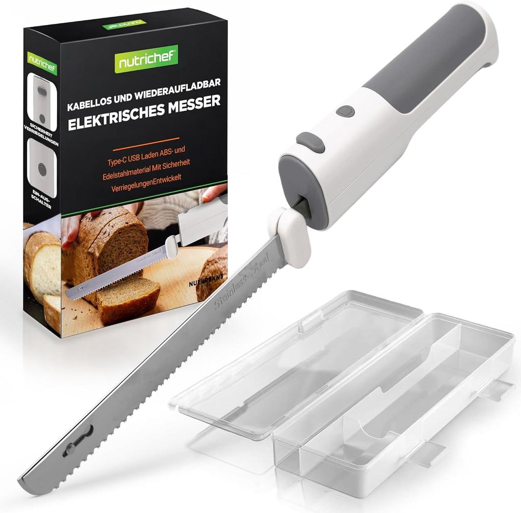 Nutrichef Elektrisches Küchenmesser – Akku-Messer mit Edelstahlklingen, USB-C, 11,42′′ Edelstahlklingen, Weiß