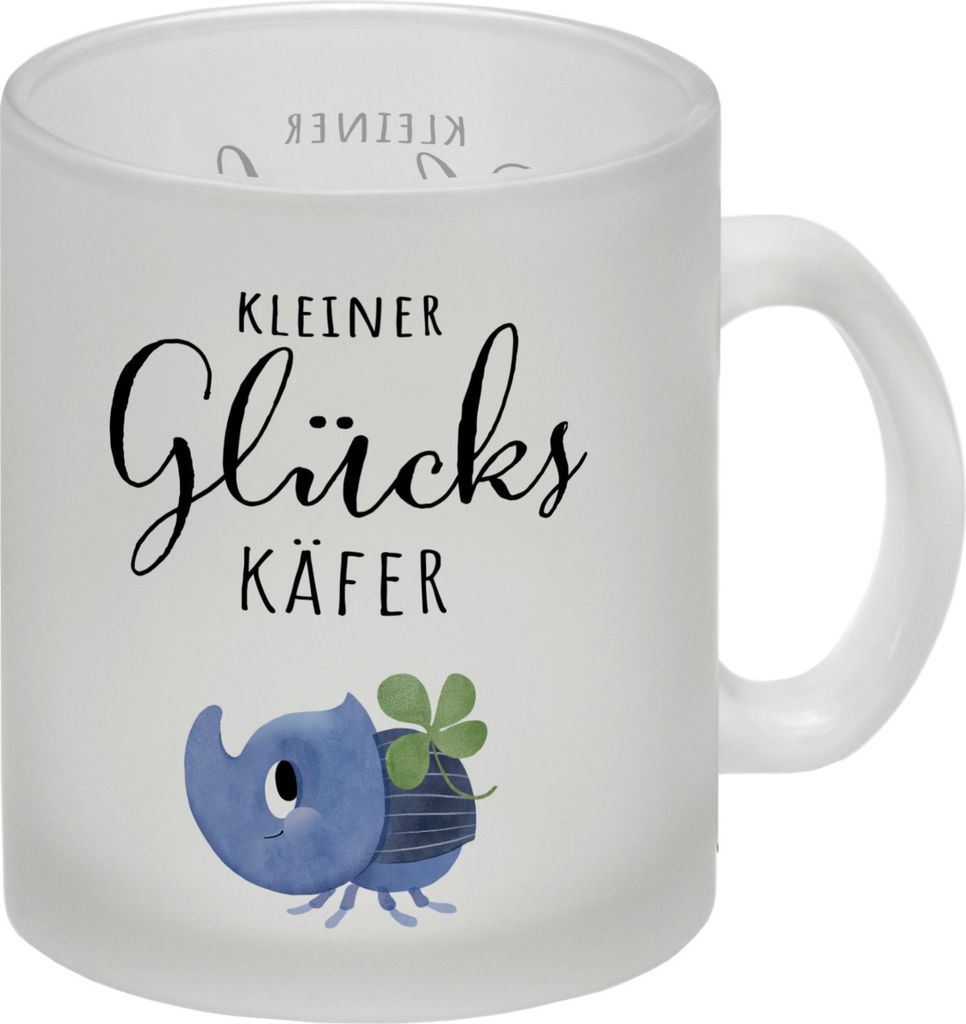 Nashornkäfer mit Klee Glas Tasse mit Spruch Kleiner Glückskäfer