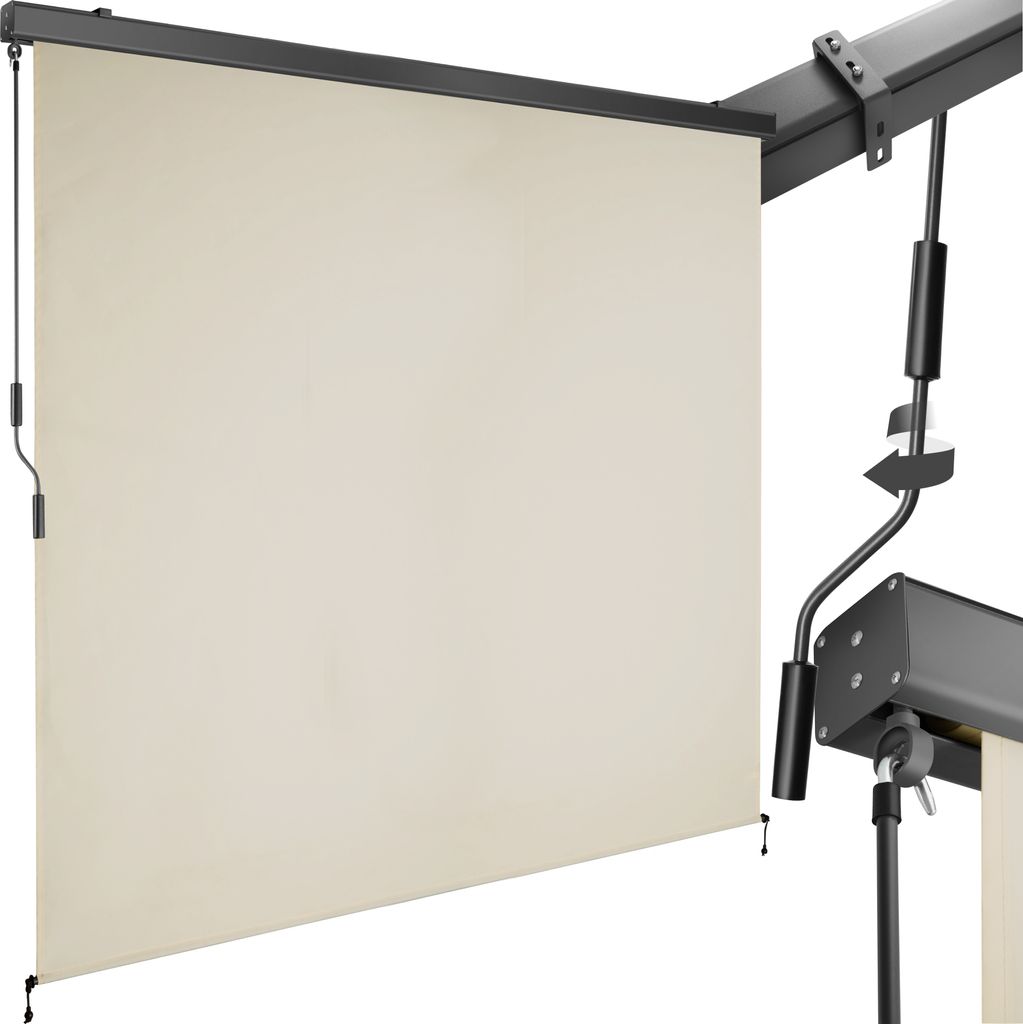 A beige roller blind with a black mechanism is shown against a white background.