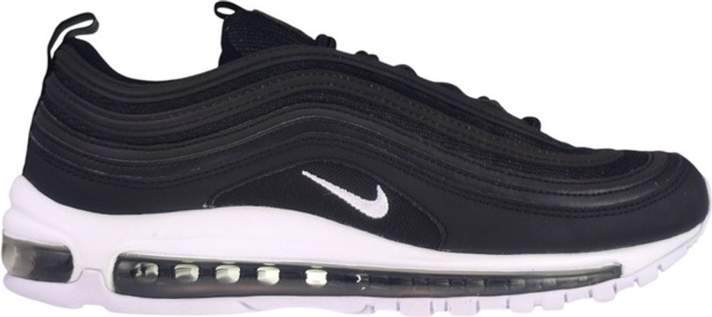 A side view of a black Nike Air Max 97 sneaker with a white sole and a white Nike swoosh logo.
