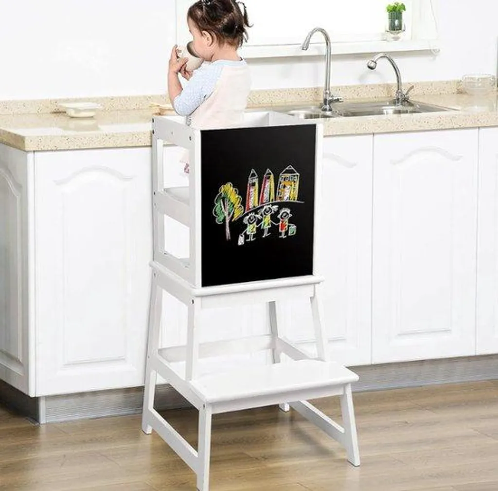 Chaise haute évolutive bois blanc avec tablette et fonction escabeau 2-en-1