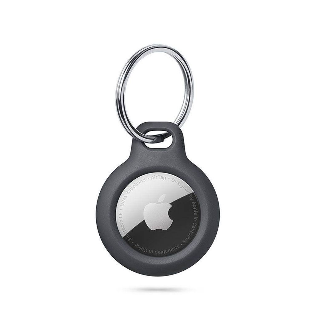 A black Apple AirTag attached to a keychain ring, shown against a white background.