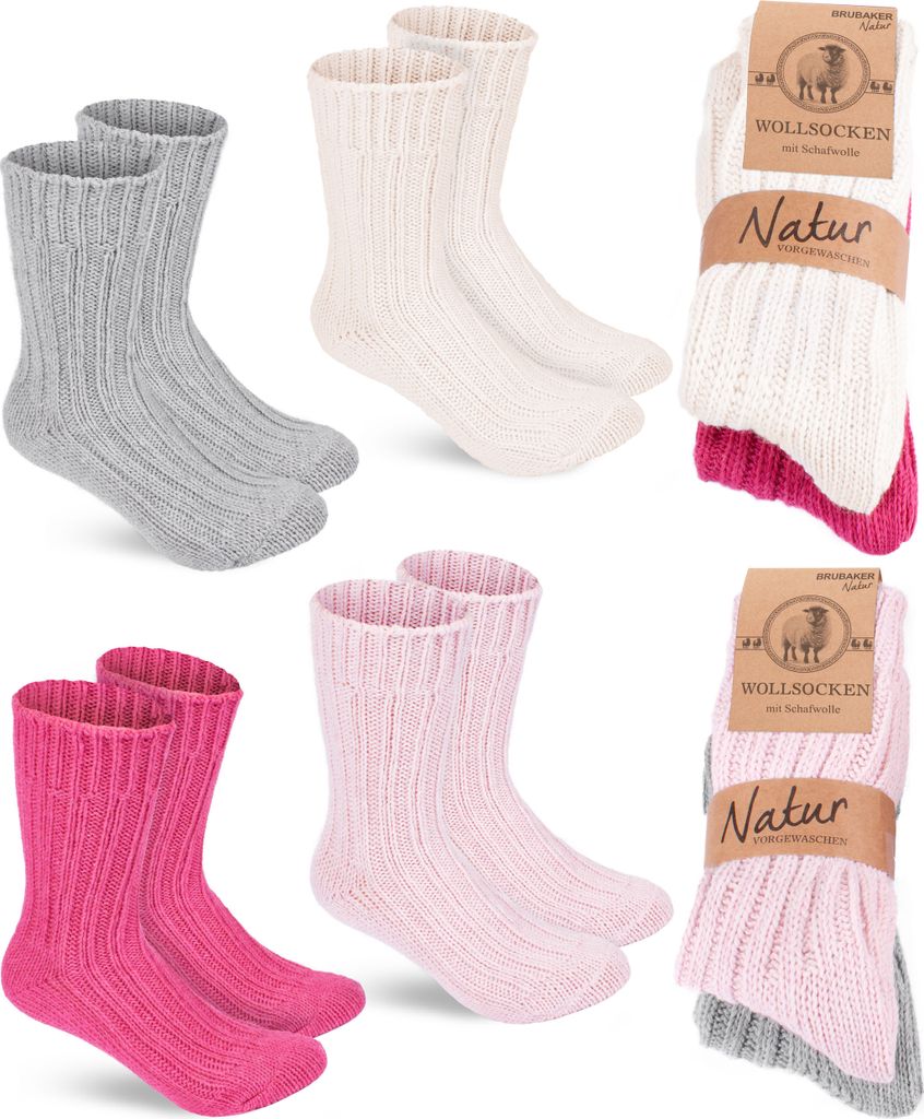 BRUBAKER 4 Paar Wollsocken - Warme Wintersocken für Damen und Herren - Winter Socken, Rosa Beige Grau und Pink, Größe 35-38