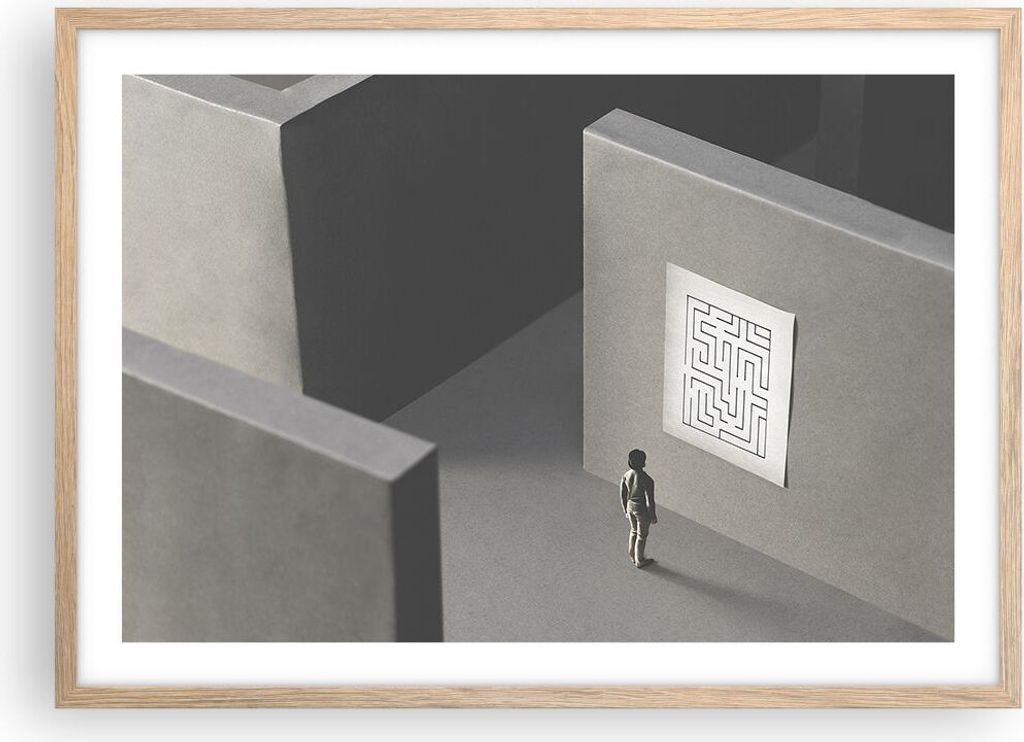 Gerahmtes Poster - Rahmen in heller Eiche - Labyrinth Grau Verloren - 70x50 cm - Wand Bild - Wanddeko - Wandbilder - Kunstposter - Wandposter - Bil...