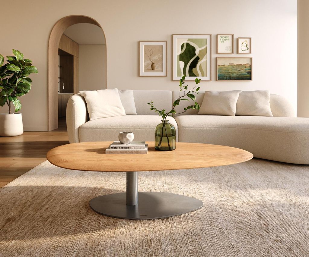 DELIFE Couchtisch Edge Oval 140x75 cm Eiche Natur Runde Kante Vibany Edelstahl gebürstet