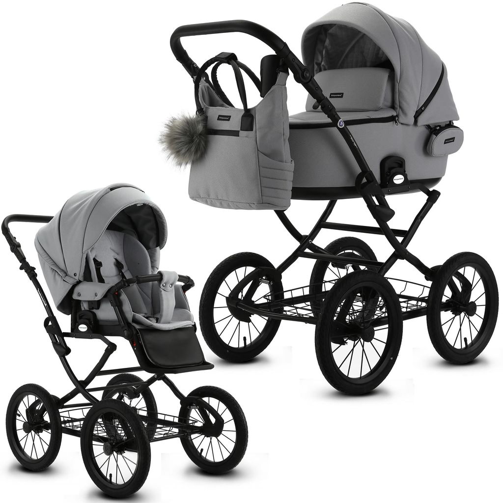 Knirpsenland Retro Style 2.0 Kombi Kinderwagen mit Babywanne und Sportwagenaufsatz 2in1 Grau