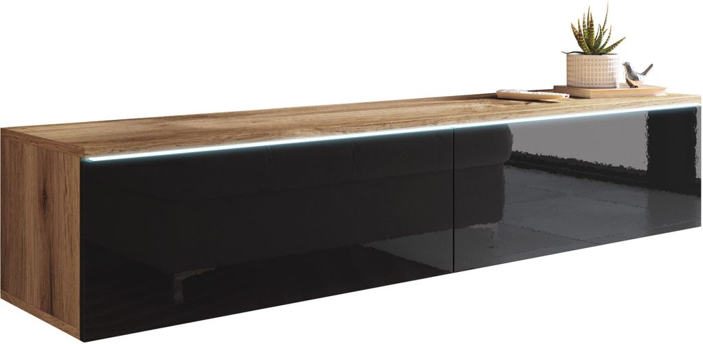 MINIO go for it, TV-Lowboard, TV-Schrank "DONNA", 140cm, stehend, hängend, mit LED-Beleuchtung, Wotan Eiche/ Schwarz Glanz Farbe