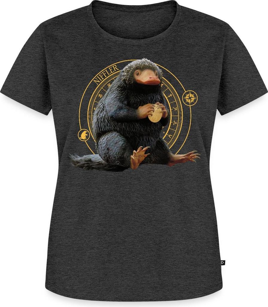 Spreadshirt Phantastische Tierwesen Niffler mit Gold Frauen Premium T-Shirt, 3XL, Anthrazit meliert