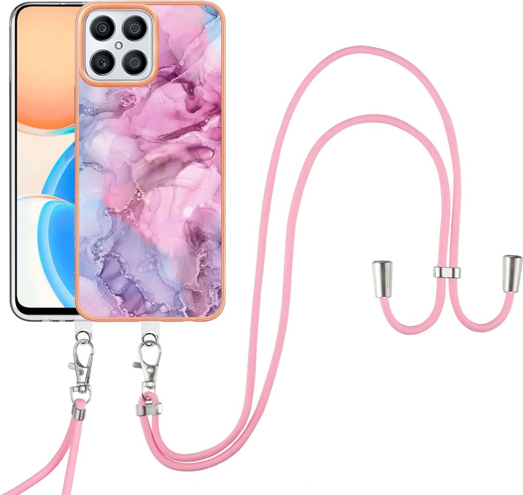 Honor X8 4G Handykette Hülle, Muster TPU Bumper Schutzhülle mit verstellbarem Tragegurt für Honor X8 4G Pink