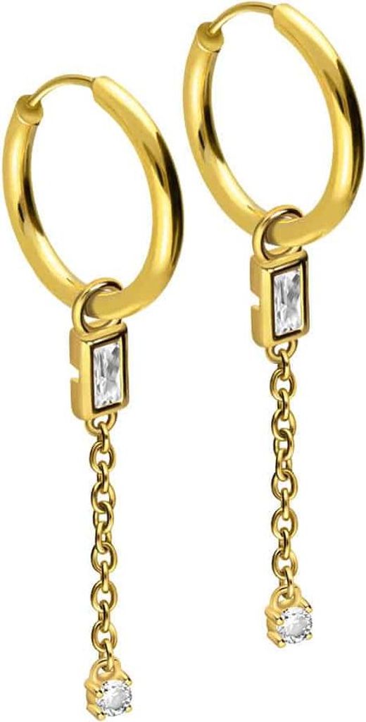 Chirurgenstahl Ohrclicker Creolen KRISTALLE + KETTE Gold Innendurchmesser: 14mm + Designstärke: 1,6mm