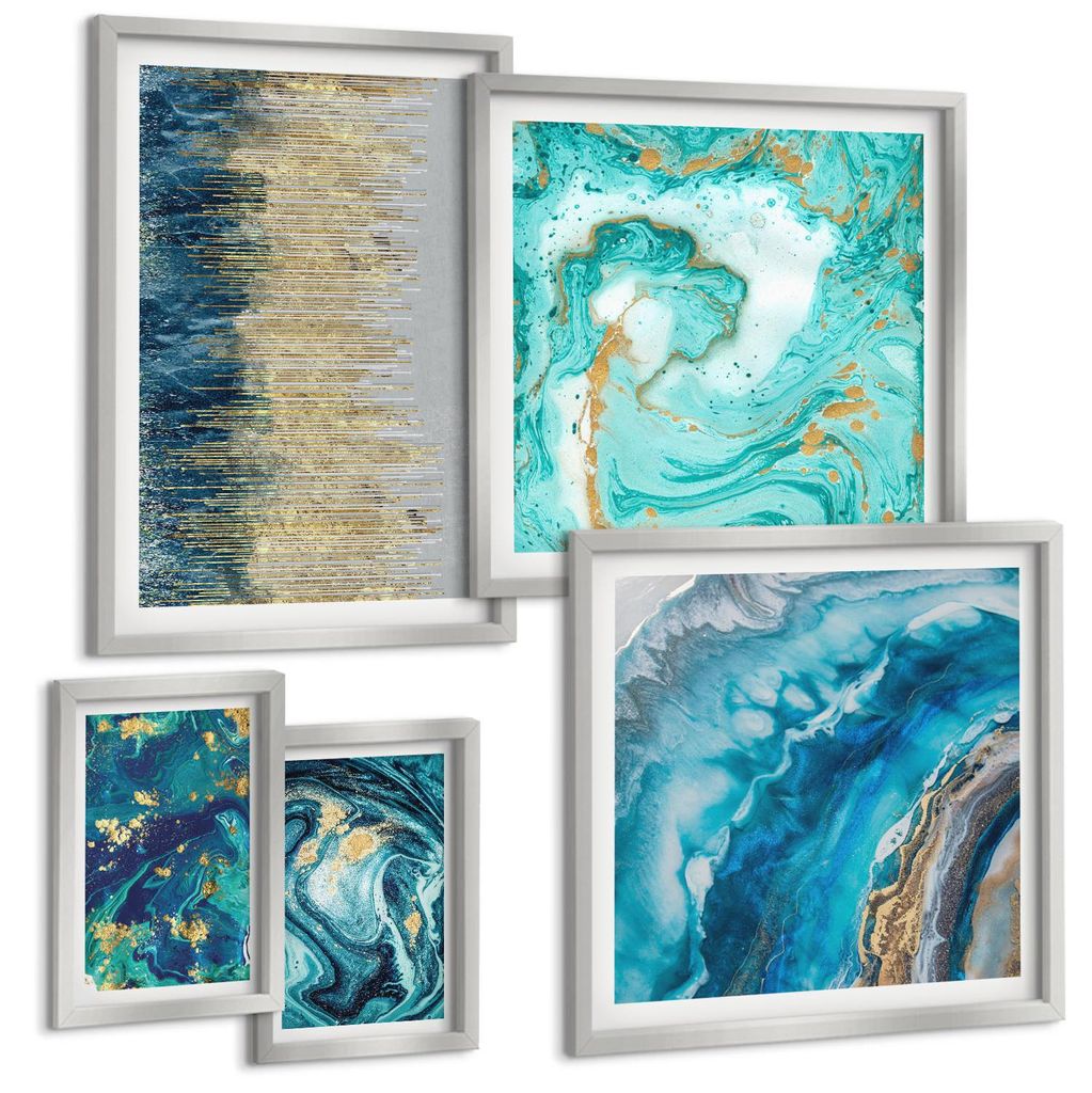 Bilder Set 5-teilig im silbergerahmten Rahmen – Wandbilder 5 Stück – gerahmte Poster für Wohnzimmer, Schlafzimmer und Flur – 50x50 cm - 40x...