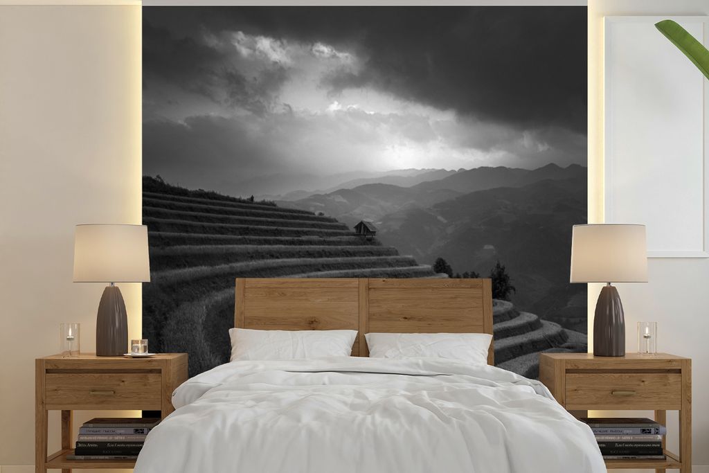 MuchoWow Fototapete für Wohnzimmer oder Schlafzimmer Wandtapete Vinyl Motivtapete Indonesien - Reis - Schwarz - Weiß - 300x300 cm - Wanddekoration
