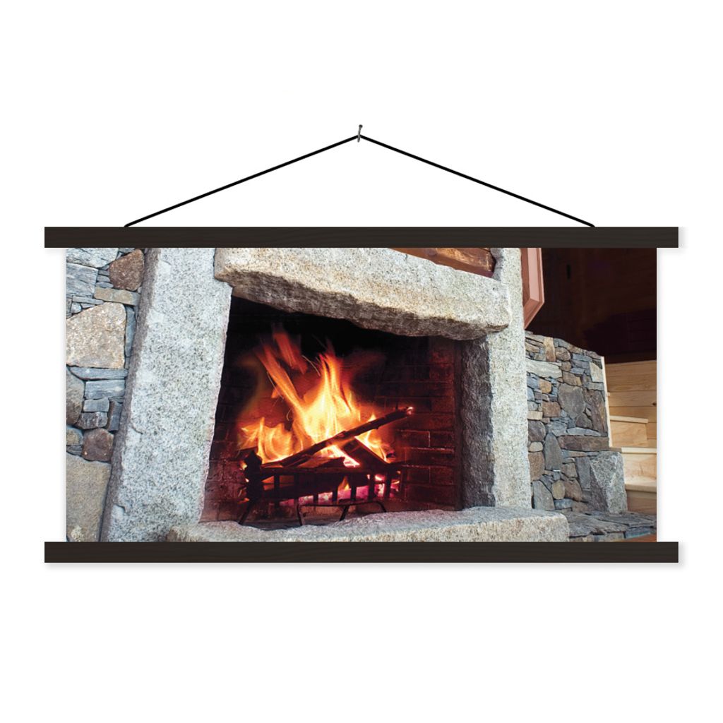 MuchoWow Textilposter Kamin aus Stein 150x75 cm mit schwarzem Rahmen - Posterleiste