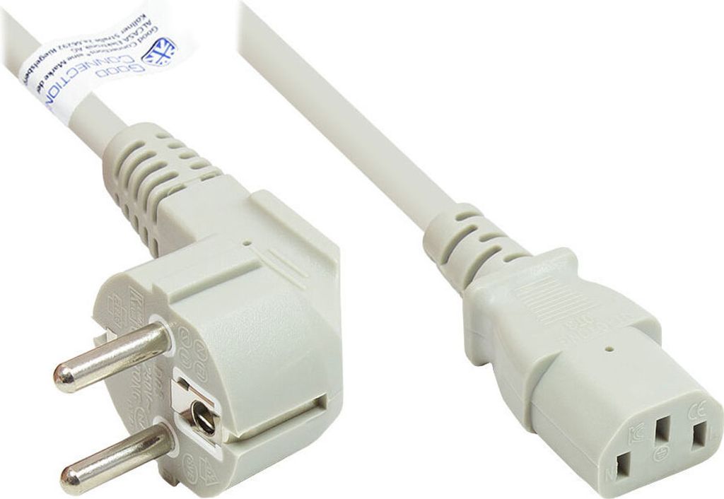 Netzkabel Schutzkontakt-Stecker Typ E+F (CEE 7/7, gewinkelt) an C13 (gerade), grau, 1,00 mm², 3 m, Good Connections