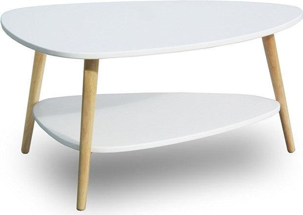 A white coffee table with wooden legs is shown against a white background.