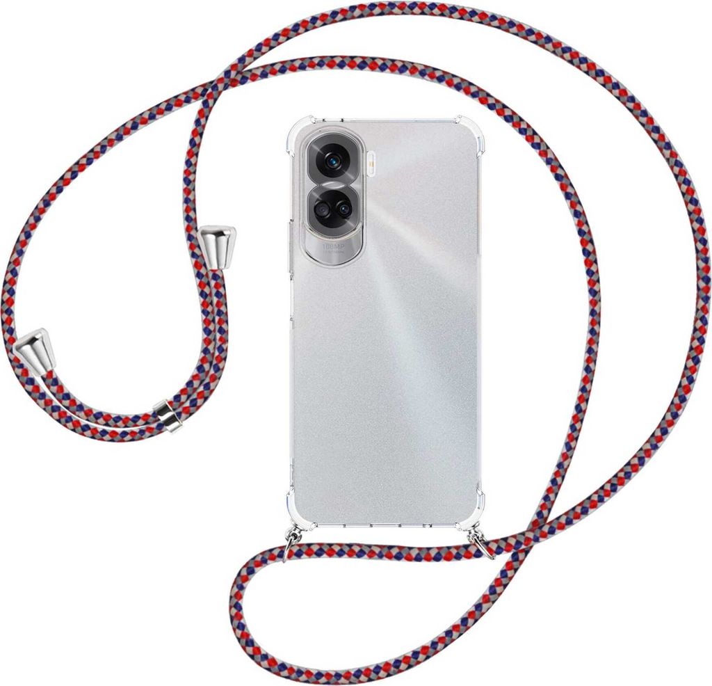 Handykette Backcover-Schutzhülle mit Band (Metall silberfarben) für Honor 90 Lite 5G (6.7'') - silber/blau/rot
