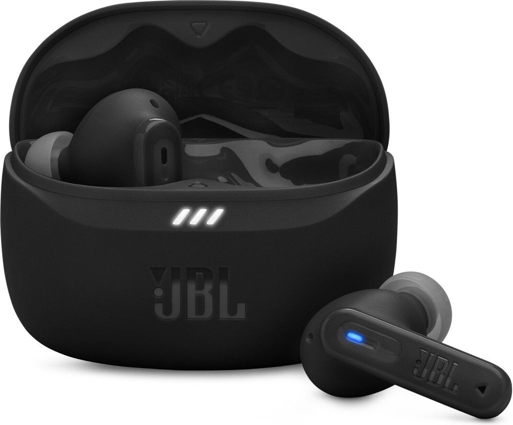A pair of black JBL Tune Beam 2 wireless earbuds with their charging case.