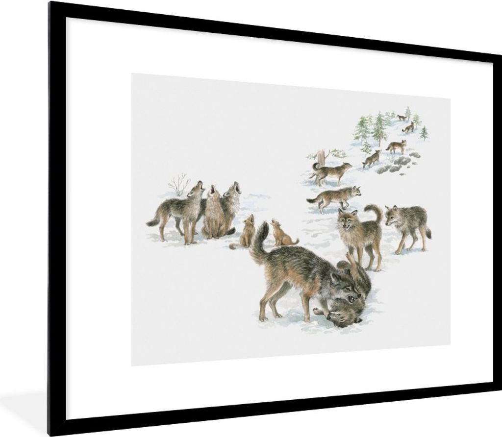 MuchoWow Gerahmtes Poster Wölfe - Schnee - Winter 80x60 cm - Poster mit Schwarzem Bilderrahmen Wandposter Rahmen Foto Bilder - Schlafzimmer-Deko...