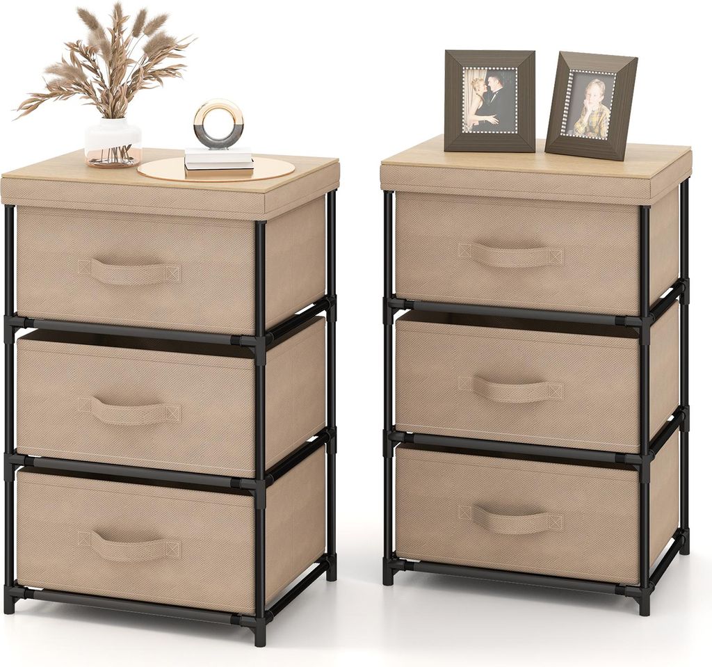 COSTWAY Nachttisch mit 3 Schubladen, 2er Set, Beistelltisch mit Metallrahmen, Kommode, Aufbewahrungsschrank, Stoffkommode, 40 x 30 x 62 cm, Braun