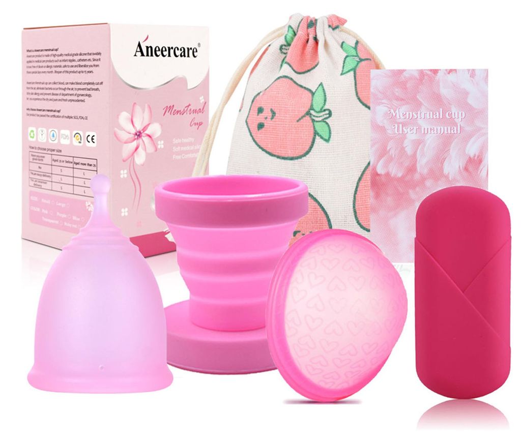 Frauen-Silikon-Periodenbecher, zusammenklappbar, zur Reinigung der Menstruationsscheibe, wiederverwendbar, tragbar, auslaufsicher, rosa Set, S, 20 ml