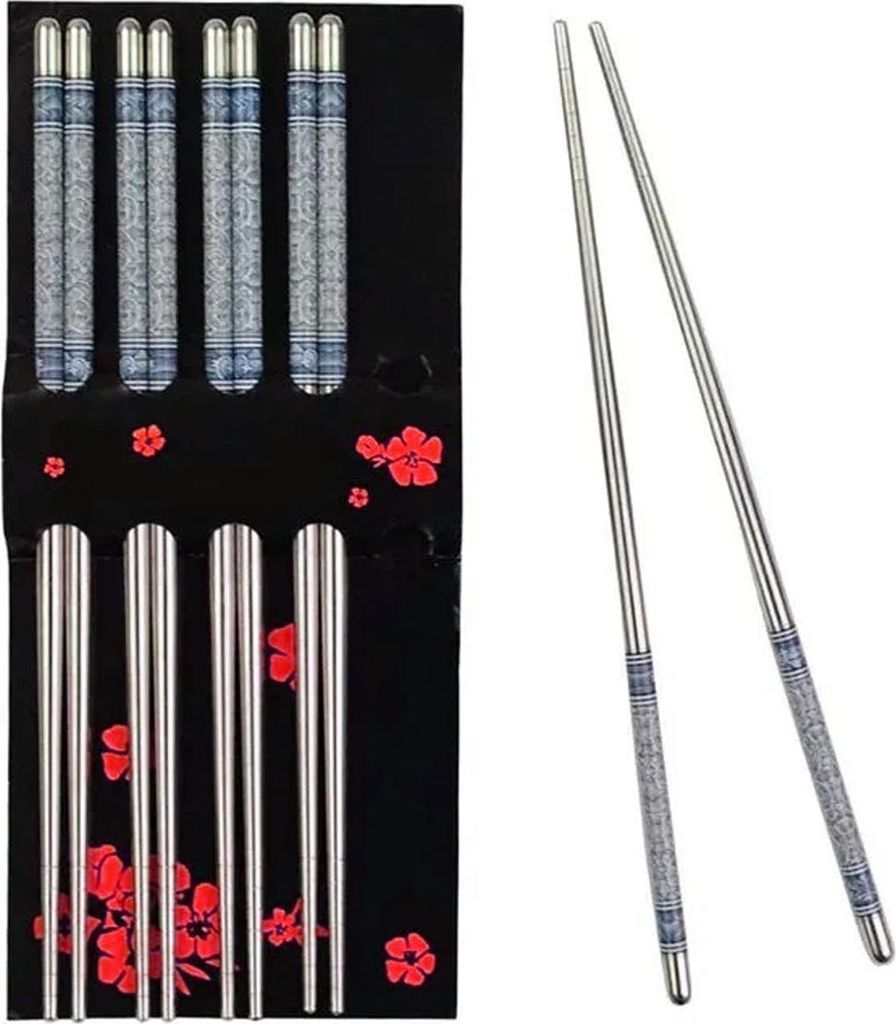 Set mit 5 Paar rutschfesten Essstäbchen aus Edelstahl mit blau-weißem Porzellanmuster