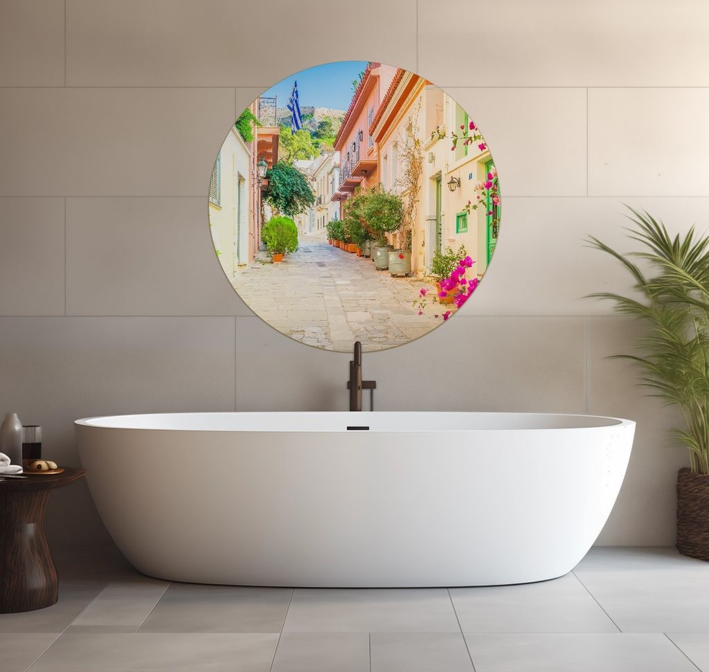 Wallario wasserfestes Poster selbstklebend 90 x 90 cm, Mediterrane Straße im Blütenrausch, Badezimmerposter Spritzschutz mit Hochglanzoberfläche...