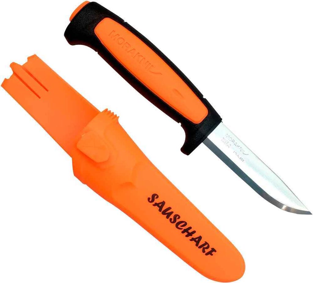 A Morakniv knife and its sheath are displayed against a white background.