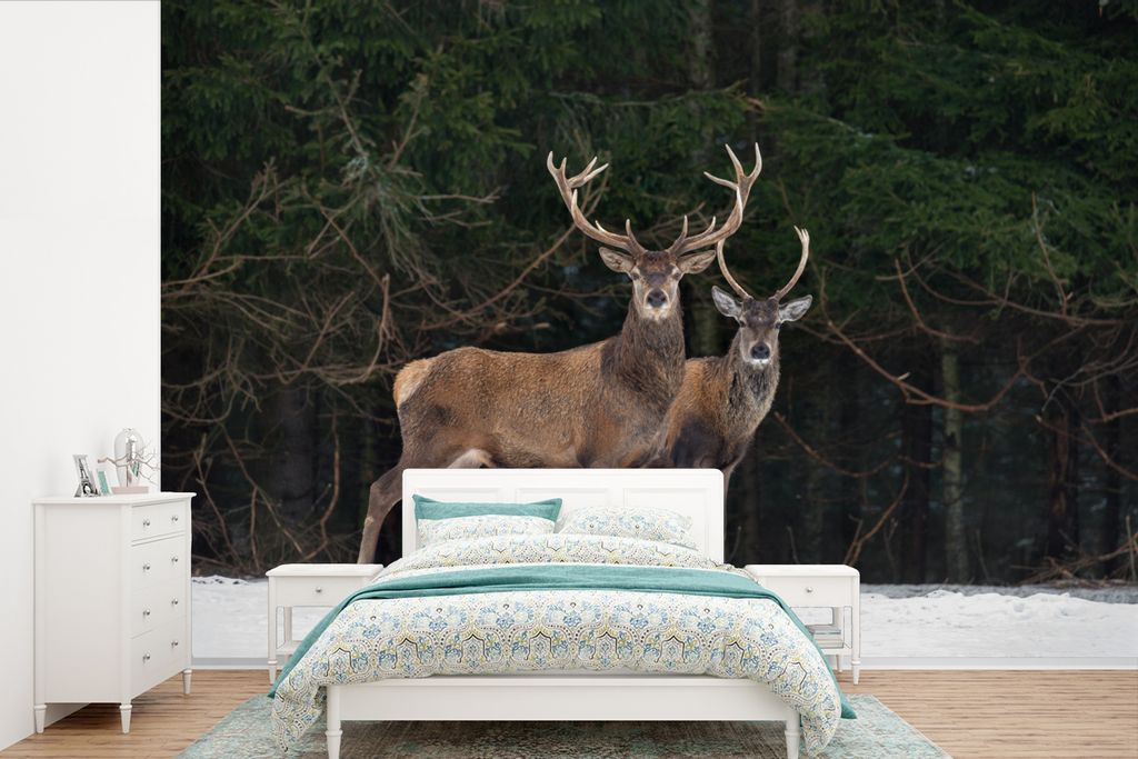 MuchoWow Fototapete für Wohnzimmer oder Schlafzimmer Wandtapete Vinyl Motivtapete Rotwild - Schnee - Wald - 330x220 cm - Fototapeten