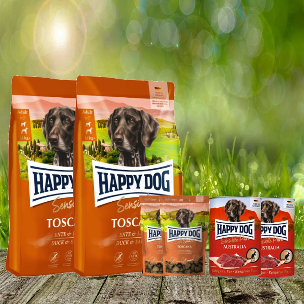 Happy Dog Sensible Toscana 2 x 12,5 kg + Happy Dog Soft Snack Toscana 2 x 100 g + Happy Dog Sensible Pure Australia 2 x 400 g